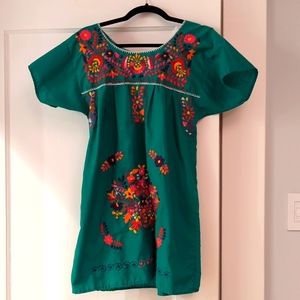 Fiesta mexican green embroidered dress with purple pink orange detail size small